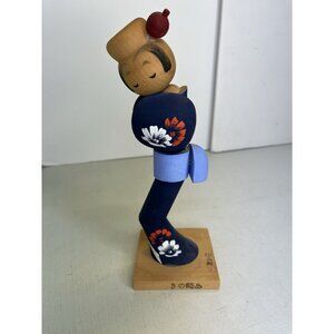 Kokeshi Doll Japanese Creative Geisha with Red Kanzashi Hair Handmade 8 Inch